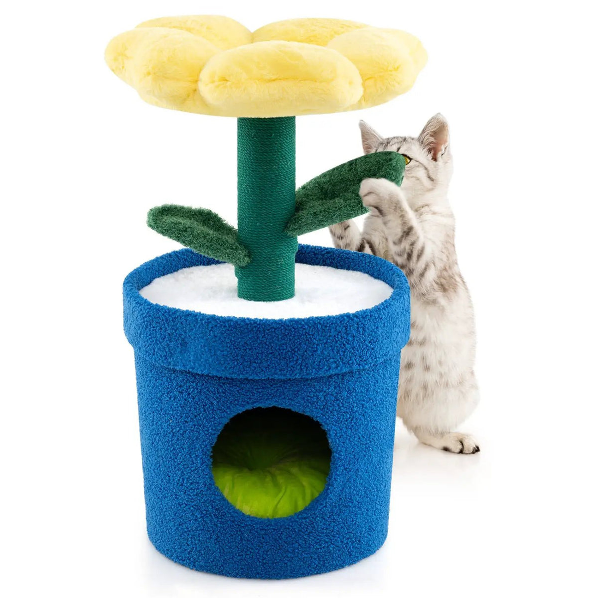 DirectDeals Cute Cat Tree with Flower Padded Perch for Indoor Cats, blue base, green post, yellow flower top.