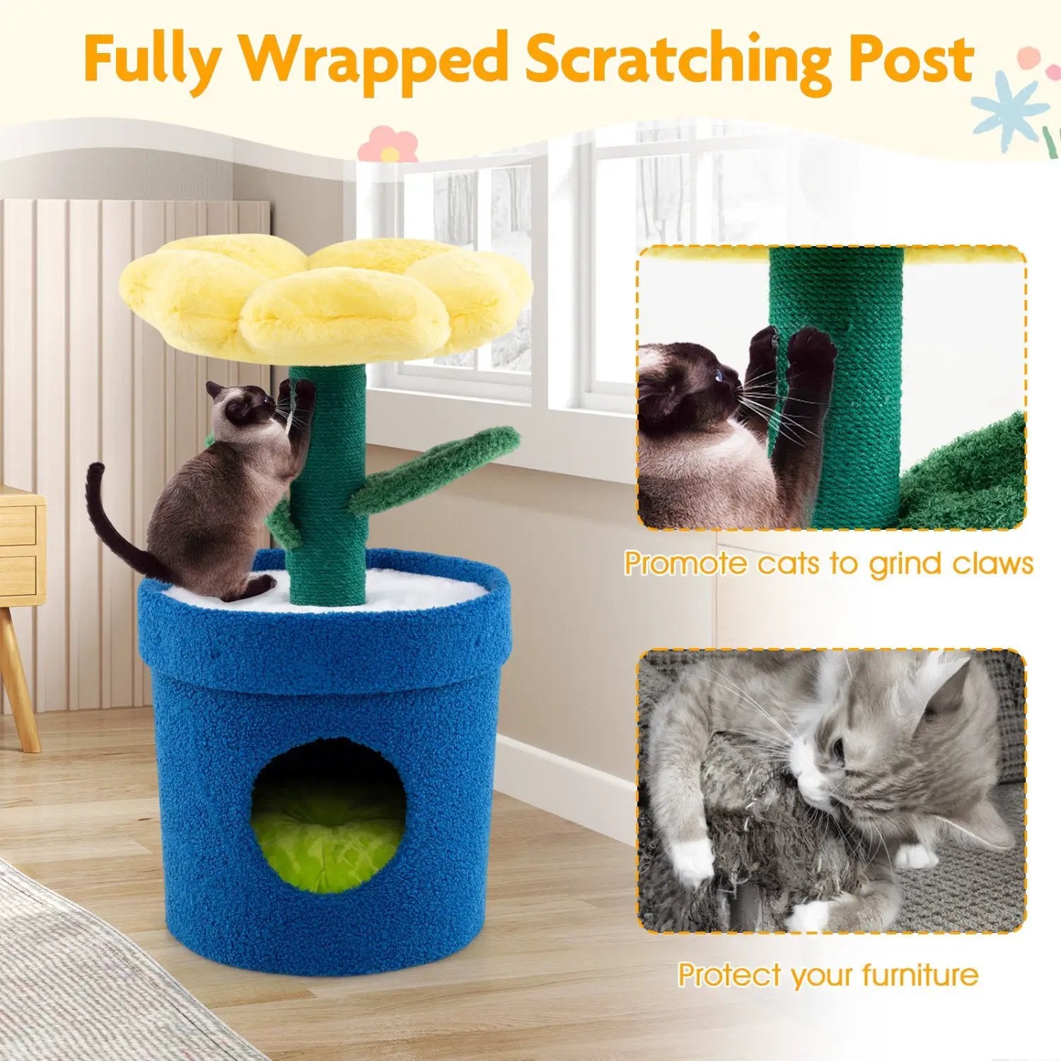 DirectDeals Cute Cat Tree with Flower Perch; blue base, green posts, yellow flower cushion for indoor cats.
