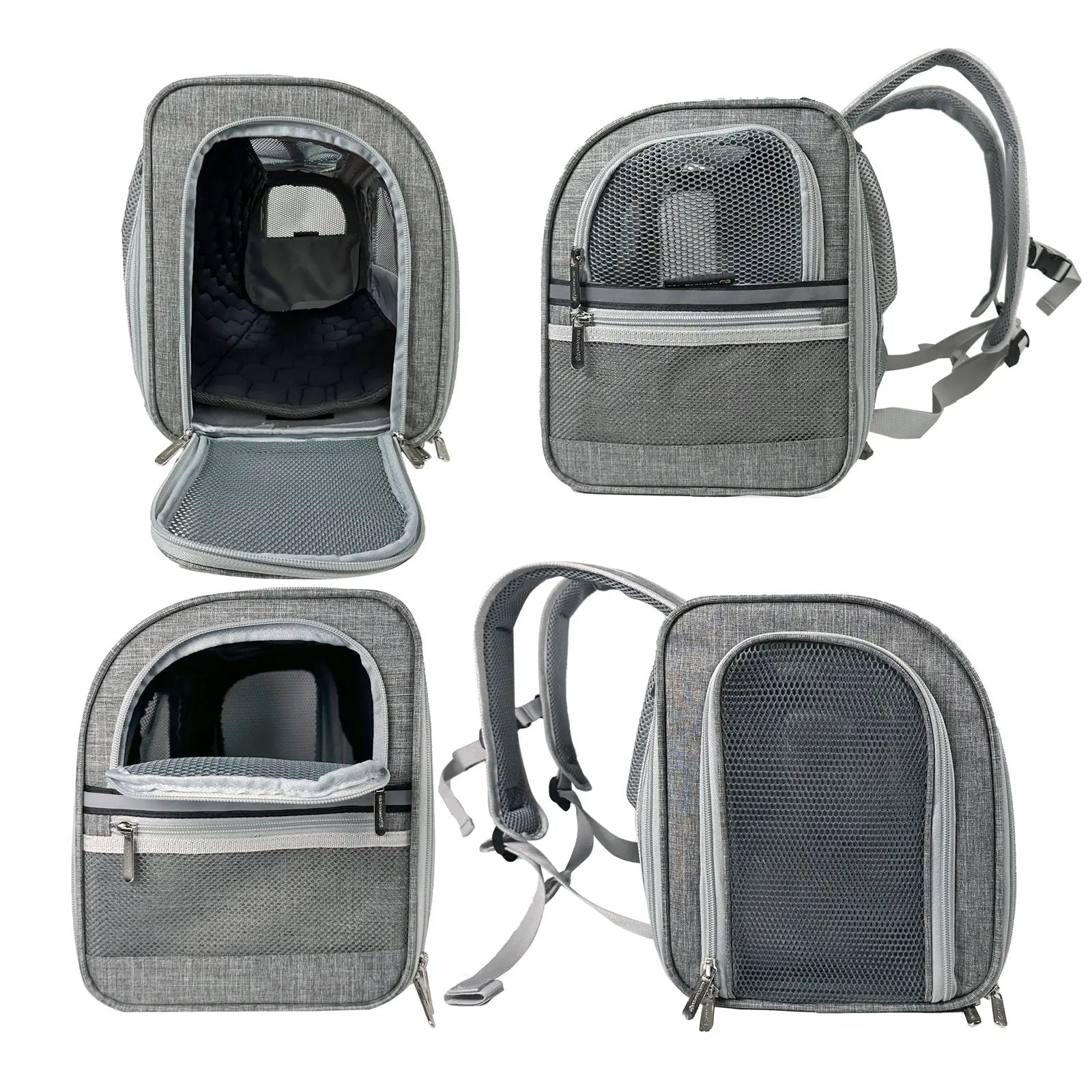 Mr. Peanut's Monterey Series airline-compliant horizontal backpack pet carrier, gray fabric with mesh panels