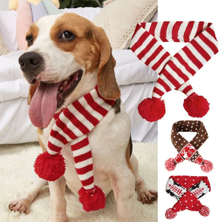 Knit Christmas Dog Scarf with Pom-Poms