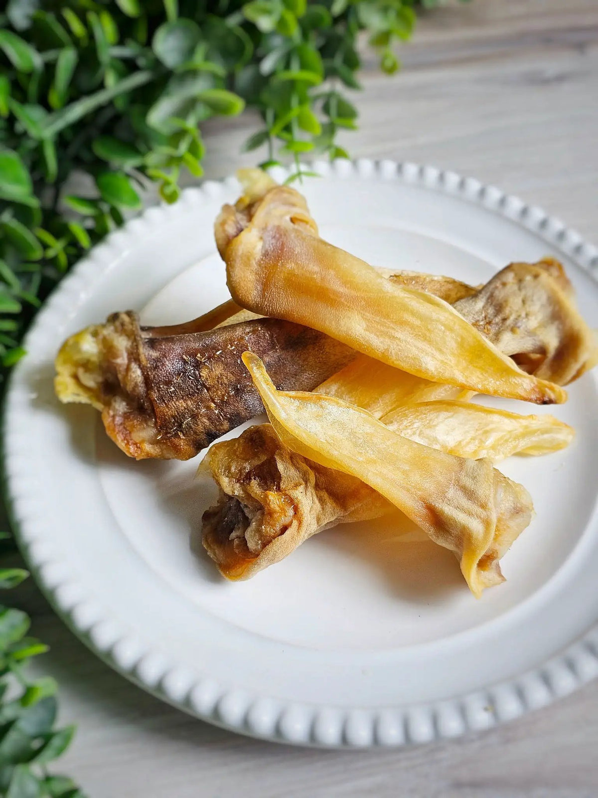 Lamb Ears by Naked Beasts, golden-brown dried chews on a white plate