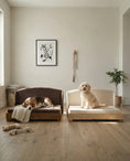 Load image into Gallery viewer, The Haven luxury dog beds; solid wood frames with orthopedic, waterproof lining; two beige and brown units.
