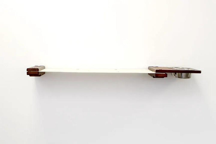 Dog Proof Cat Feeder - Wall-Mounted - Raised white shelf with dark wood brackets and metal bowl