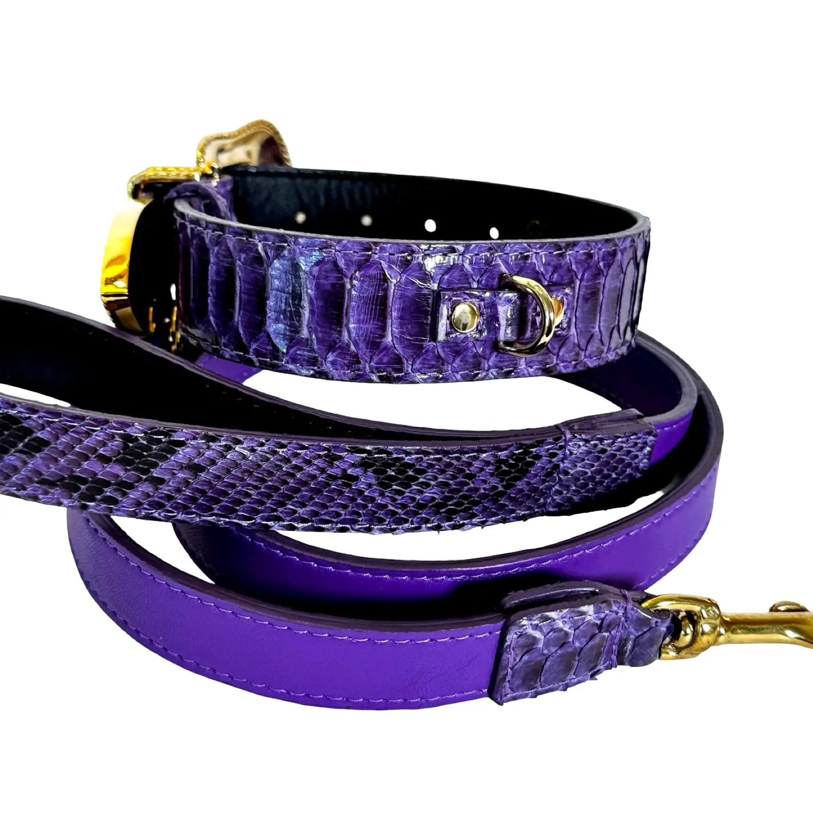 Amethyst Royale Python collar set, purple textured leather with gold hardware