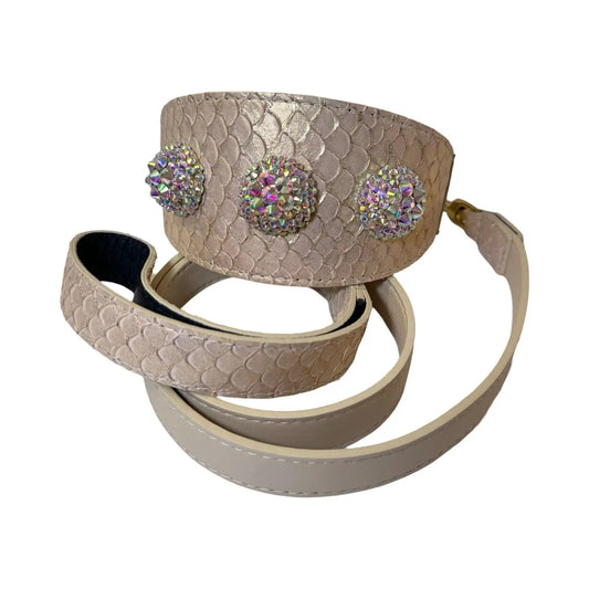 Hollywood Glam Collar & Leash Set in beige snakeskin texture with three crystal discs by Allysa Payne Beverly Hills