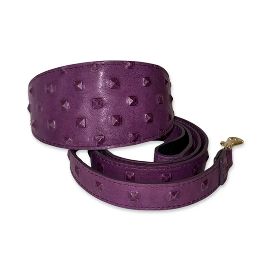 Glamorous Boysenberry collar and leash set, embossed studded Italian leather, 3 inches wide