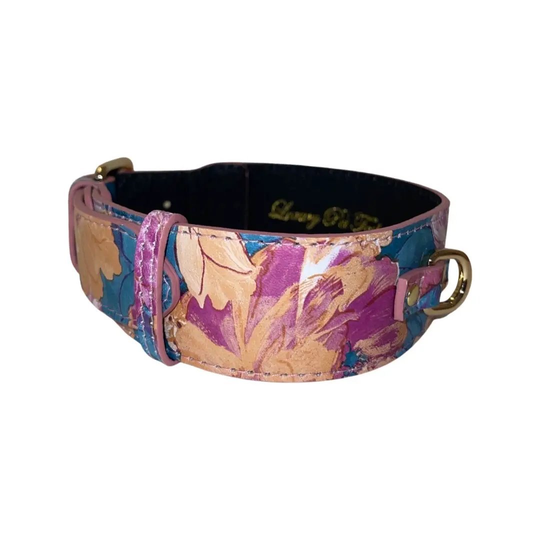 Floral Print Italian Leather Classic Collar by Allysa Payne Beverly Hills, pink-purple floral design