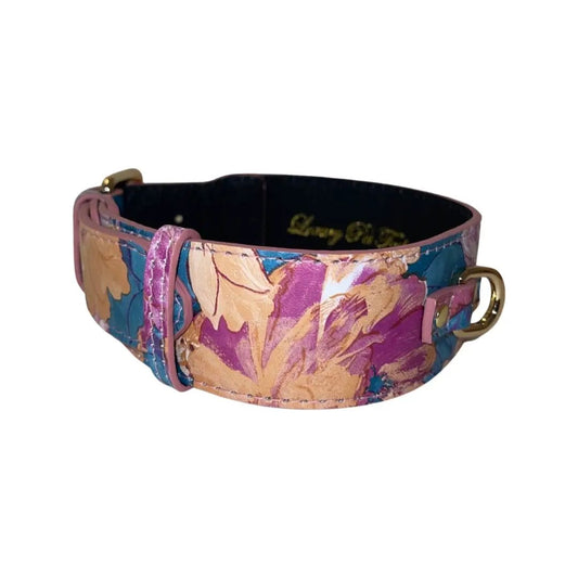 Floral Print Italian Leather Classic Collar by Allysa Payne Beverly Hills, pink-purple floral design