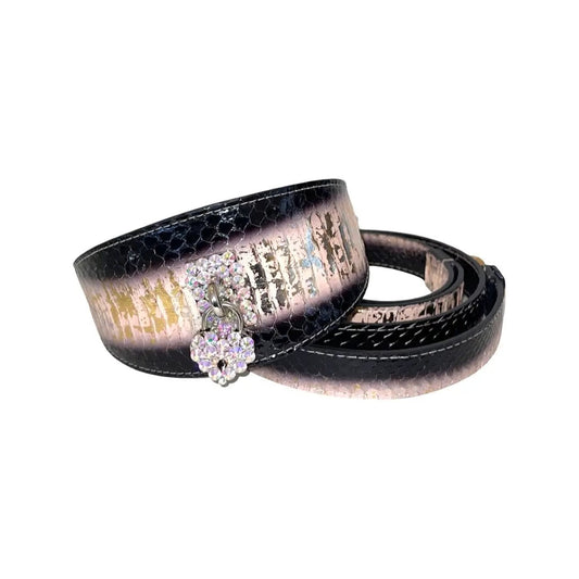 Swarovski Crystal Heart Locket Love collar-leash set in pink-gold-black snake-embossed leather, 3-inch wide.
