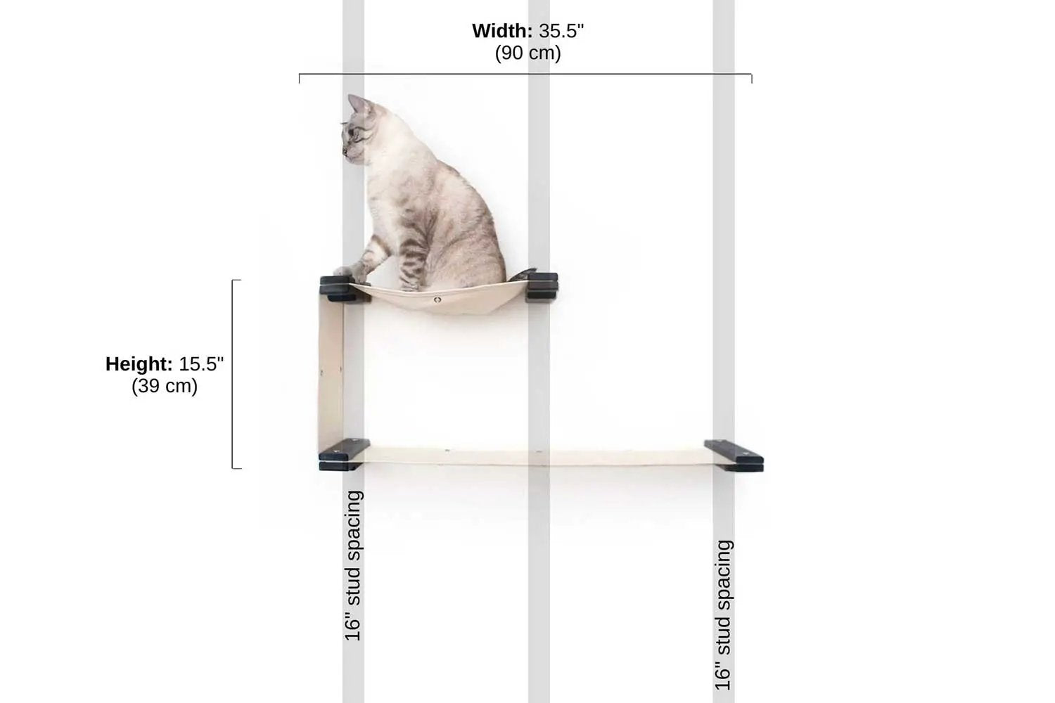 The Double Decker Cat Hanging Bed Set, beige fabric hammock with black mounting brackets by Catastrophic Creations