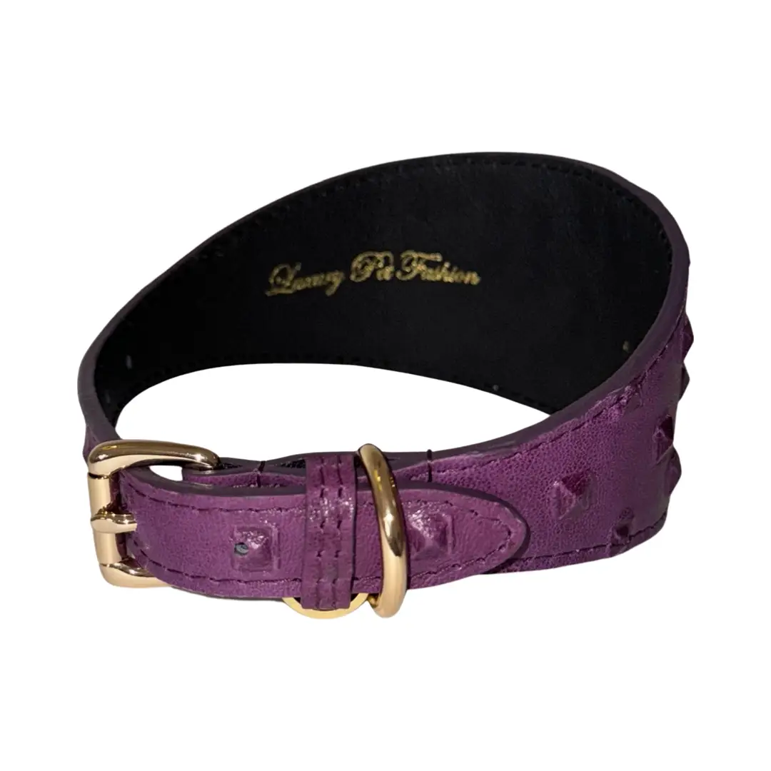 Glamorous Boysenberry embossed studded Italian leather 3” wide style collar, Allysa Payne Beverly Hills