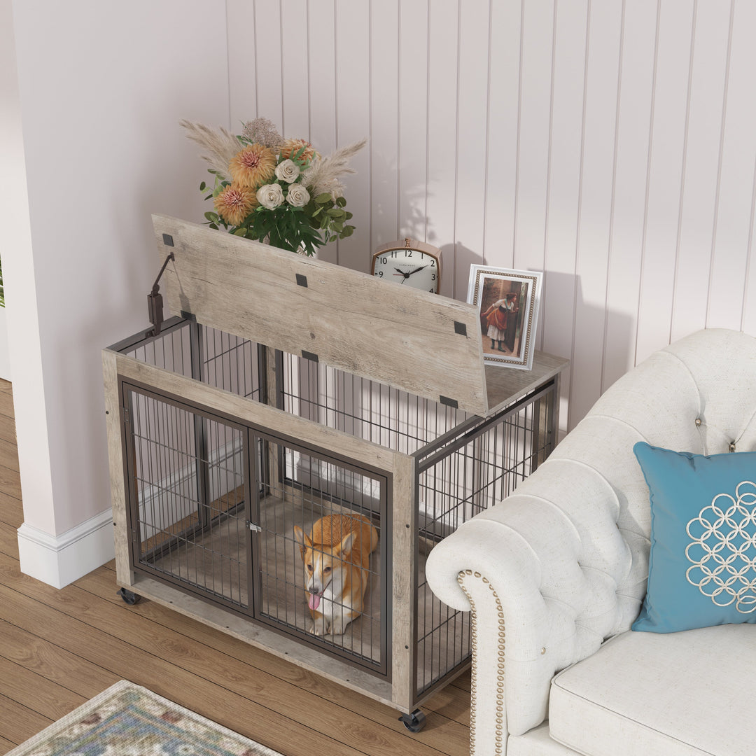 Rolling Wooden Dog Crate Table with Lift Top – Grey – photo 3
