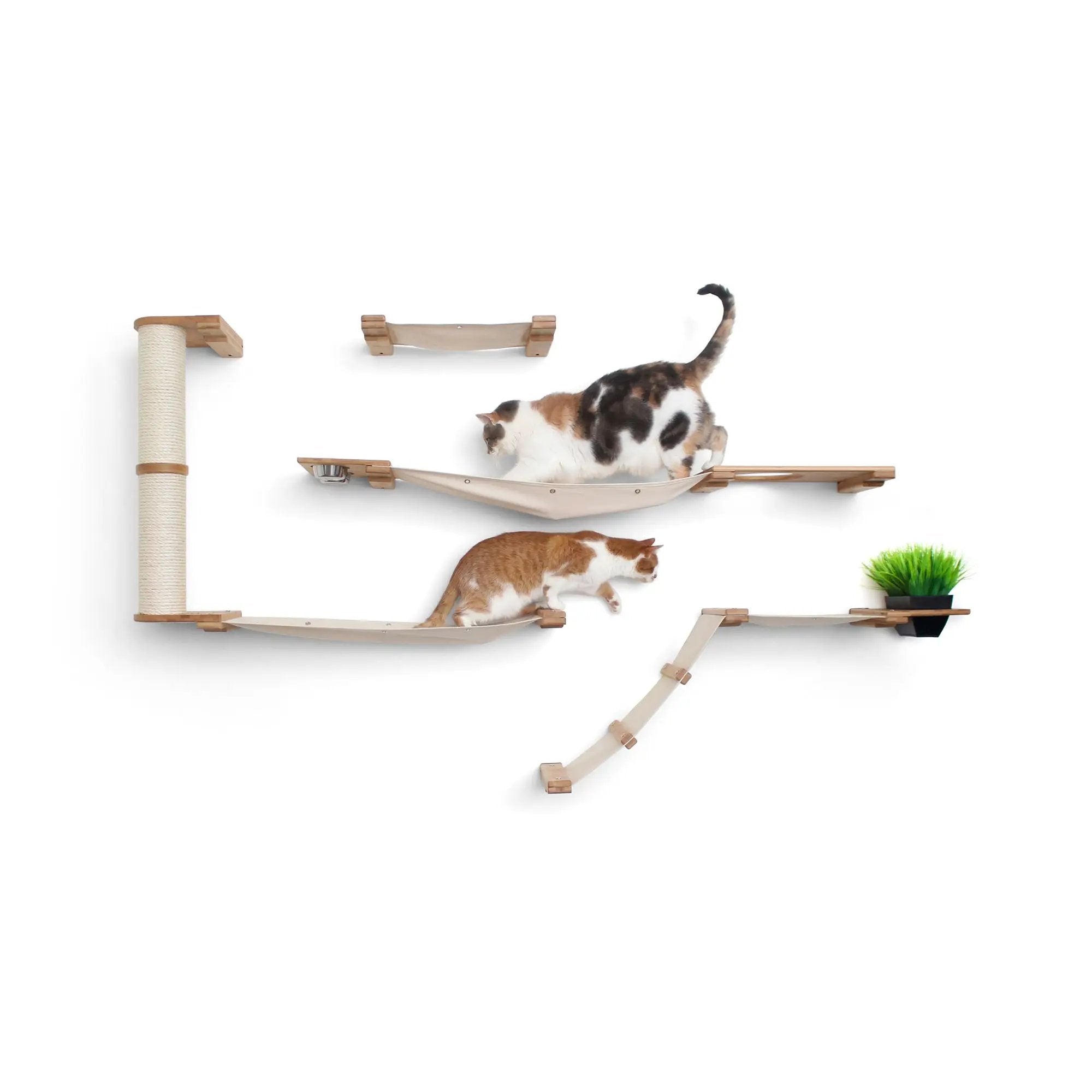 The Bunker multi-level cat tree with perch, beige fabric hammock, and sisal posts