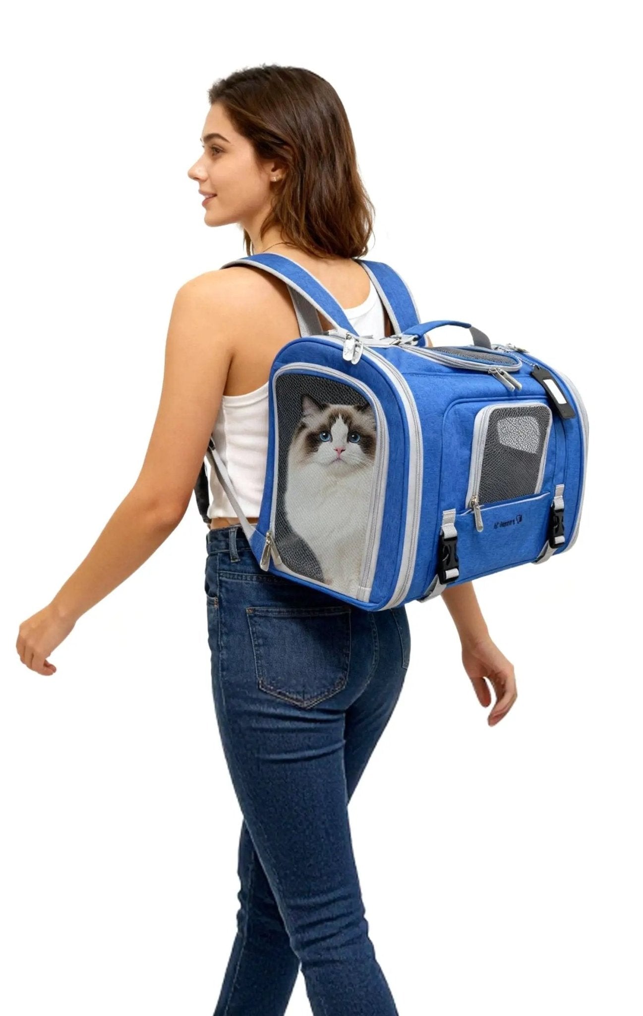 Mr. Peanut's Monterey Series airline-compliant horizontal backpack pet carrier in blue with mesh windows; cat visible inside.