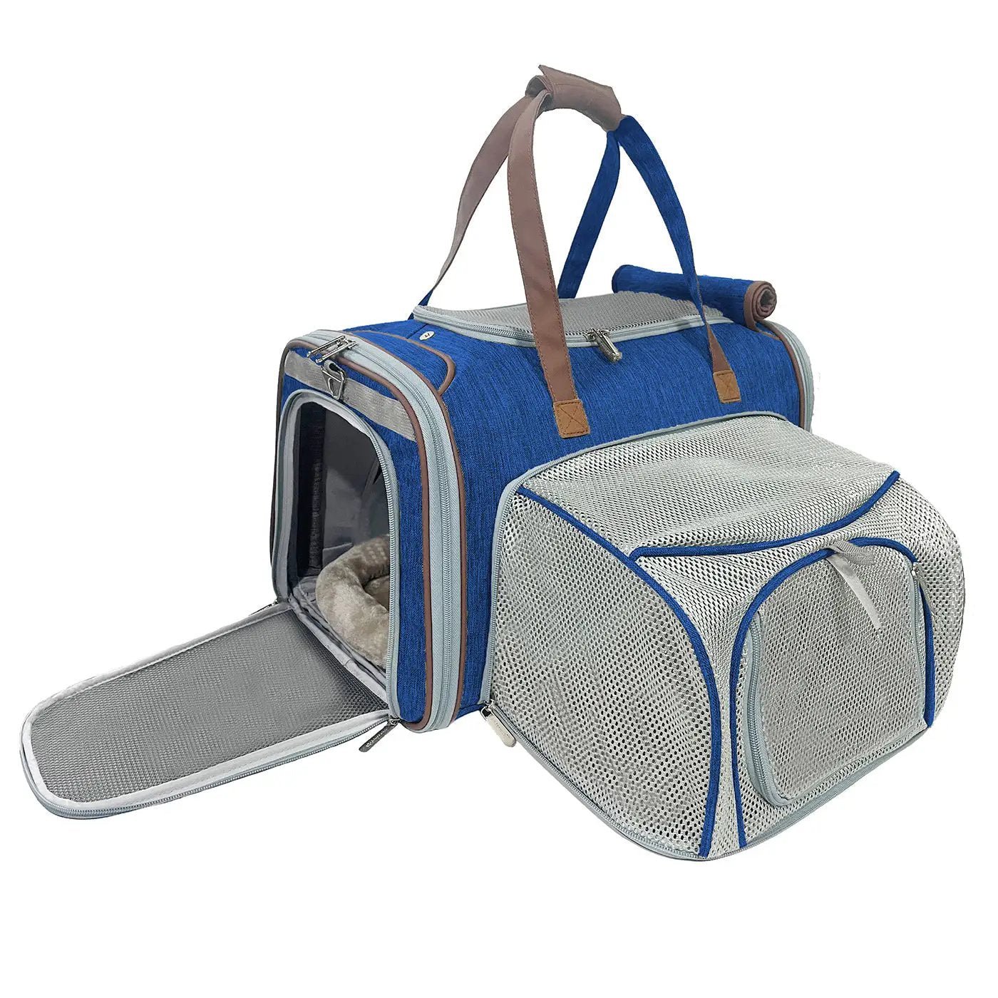 Mr. Peanut's Gold Series Big Apple XL Expandable Pet Carrier V3.0, blue with gray mesh front, air travel approved.
