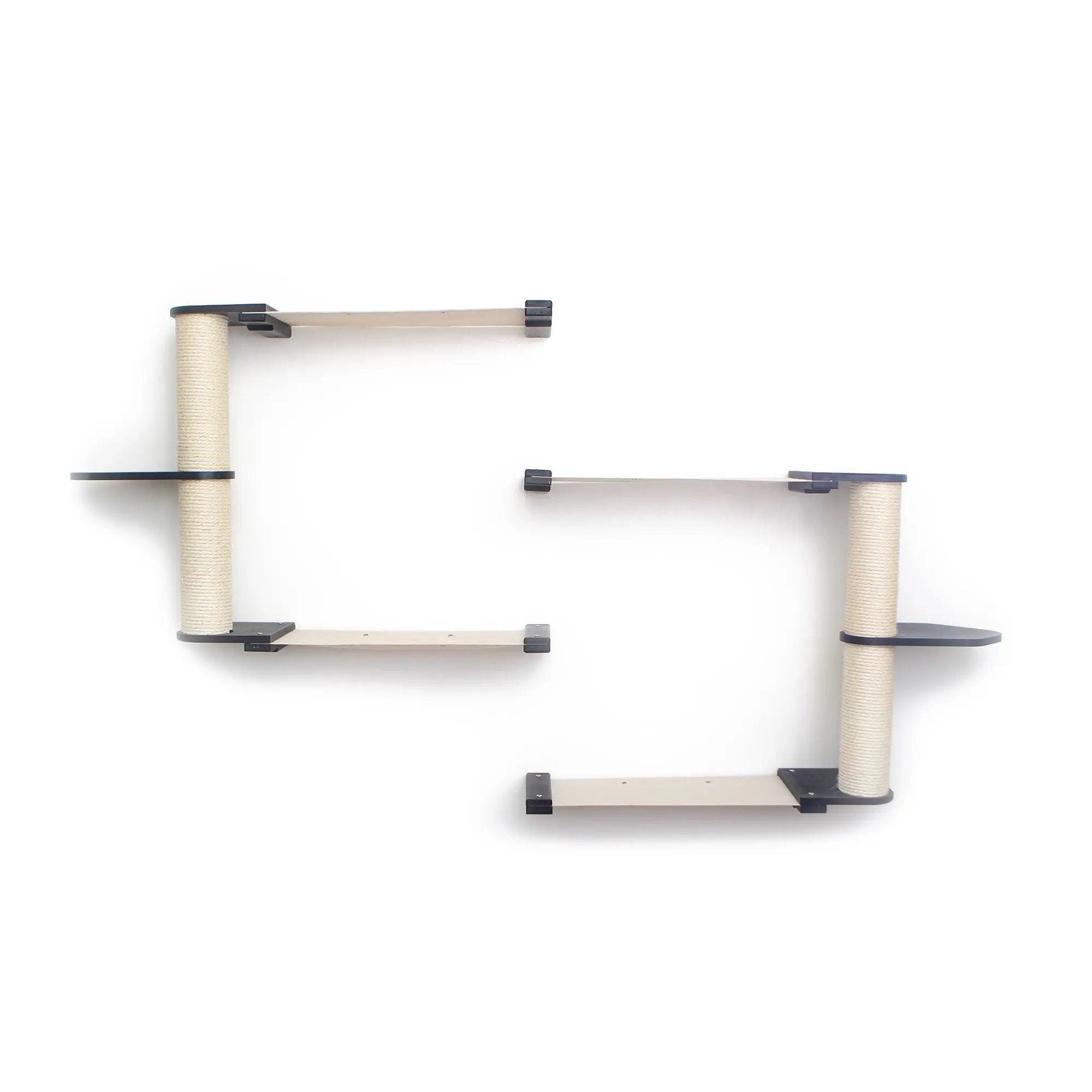 The Catacombs Cat Tree Scratching Post System cat condo with beige platforms and rope-wrapped posts.