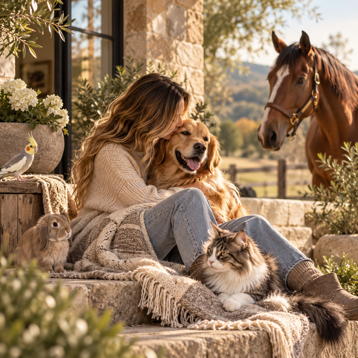 A woman shares a moment with her animals