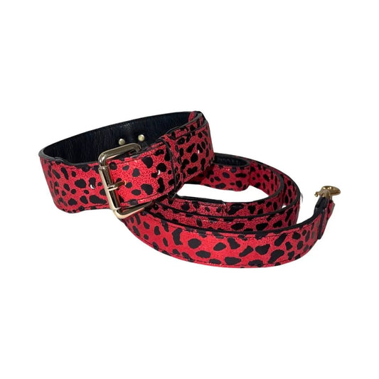 2-piece collar and leash set in red and black leopard print Italian leather by Allysa Payne Beverly Hills