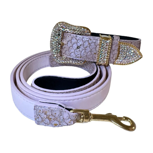 Luxe Pet Studio Pearl Pink Italian Leather Collar Set With Crystal Hardware by Allysa Payne Beverly Hills