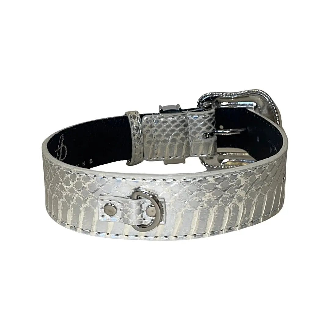 Collar by Allysa Payne Beverly Hills; silver snake-embossed strap with Swarovski crystal hardware