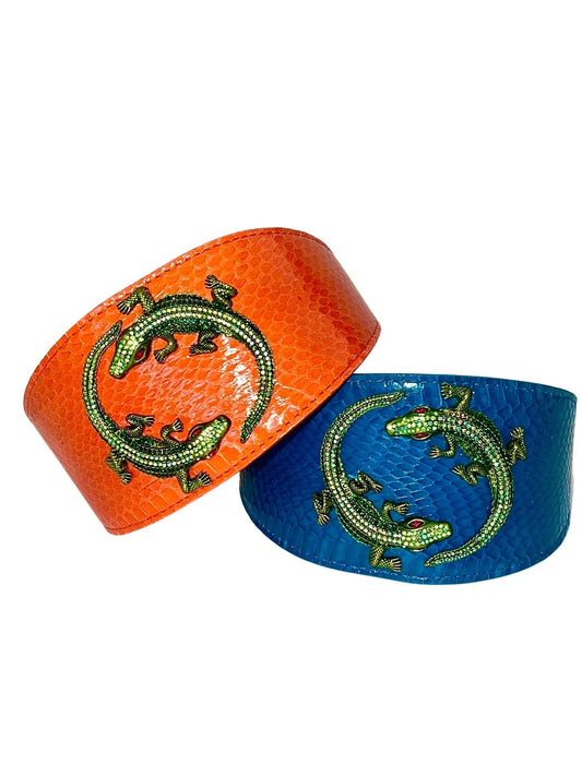 Alligator collar bracelet set of two in orange and blue with green jeweled crocodile motifs