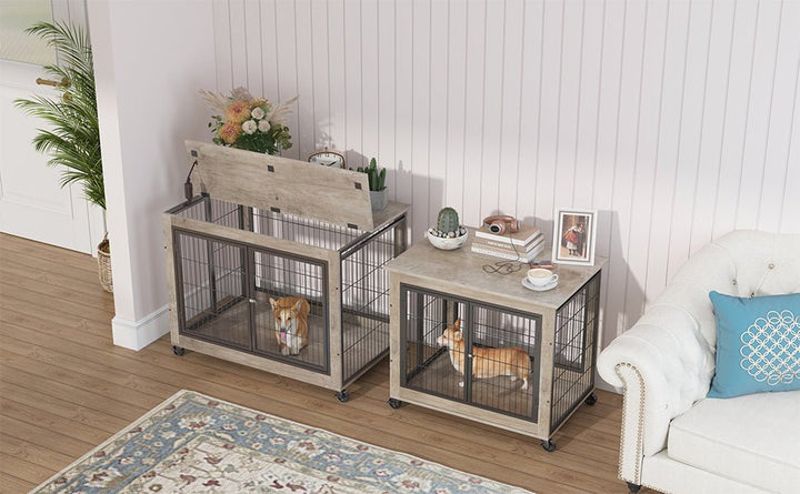 Rolling Wooden Dog Crate Table with Lift Top – Grey – photo 18