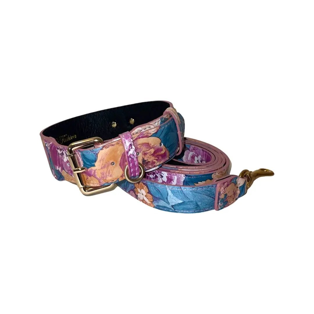 Floral Italian Leather Collar & Leash Set by Allysa Payne Beverly Hills