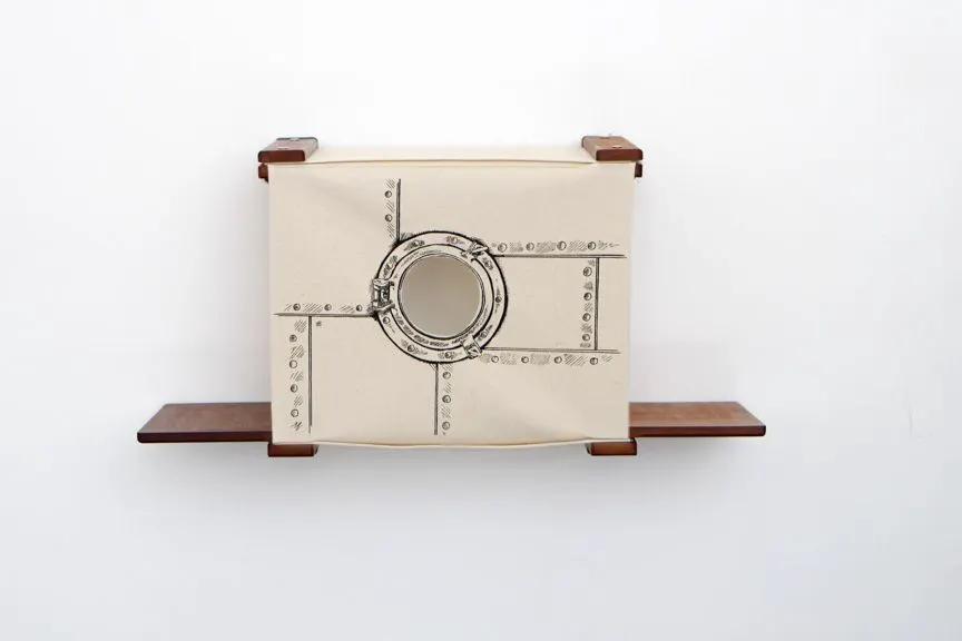 Cat Cubby for Wall - Covered Cat Bed in beige fabric with a circular port opening and wooden shelves.