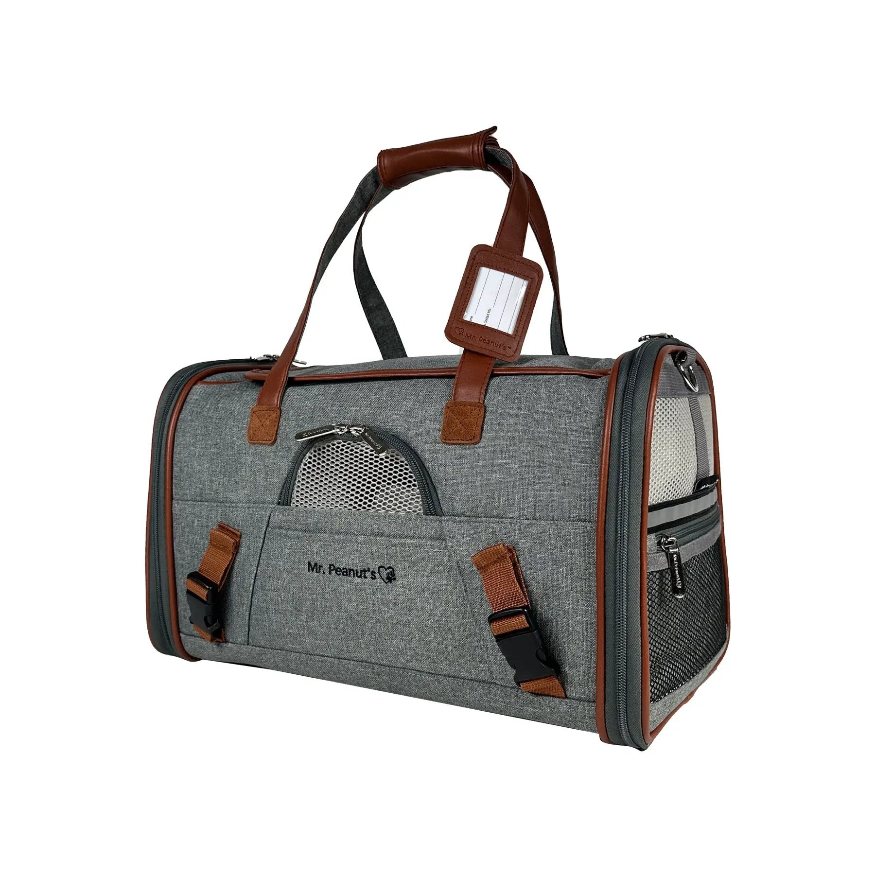 Mr. Peanut's Gold Series V2.0 Pet Carrier, grey fabric with brown faux-leather trim, air-travel approved.