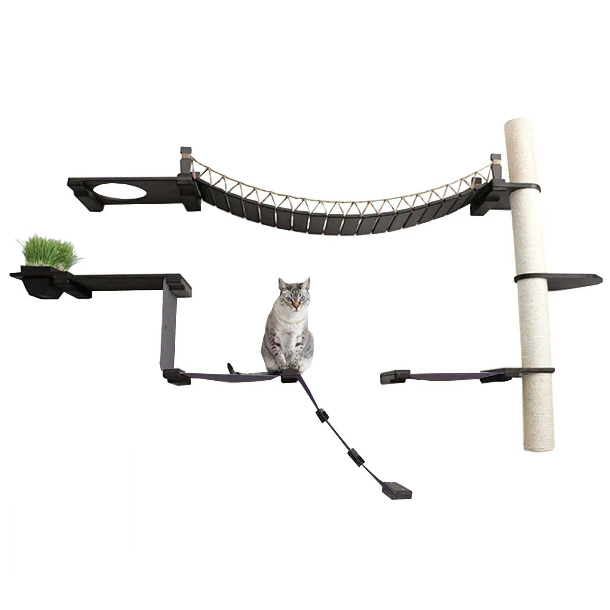 The Expedition Cat Jungle Gym Wall System cat condo by Catastrophic Creations; curved rope bridge with black platforms