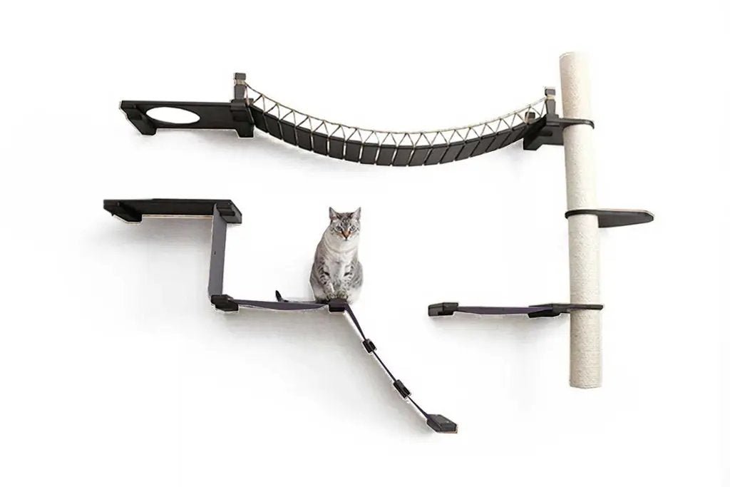 The Expedition Cat Jungle Gym Wall System cat condo with curved fabric hammock and wall-mounted shelves.