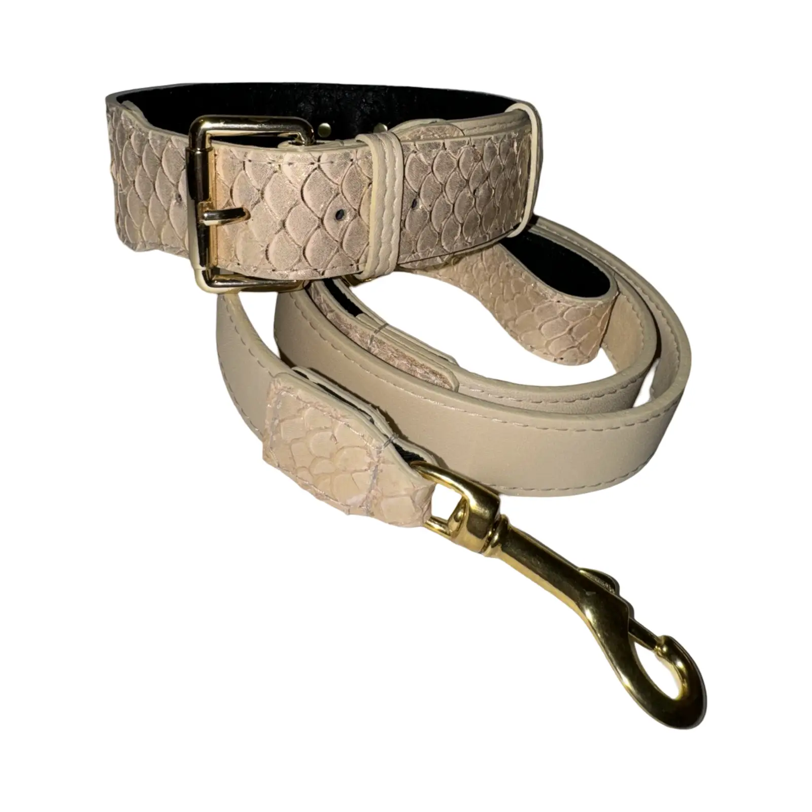 Hollywood Glam Classic Collar and leash by Allysa Payne Beverly Hills; beige reptile-textured leather with gold hardware