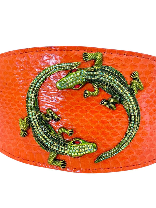 Orange snake collar with green rhinestone alligators, Allysa Payne Beverly Hills