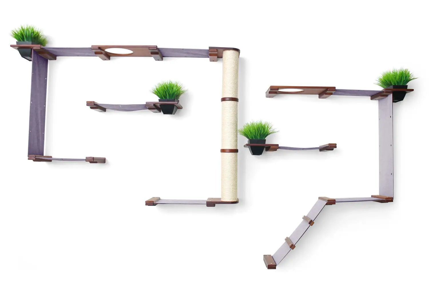 The Gardens Modern Cat Tree with Plants cat condo in purple-gray with a sisal-wrapped trunk.