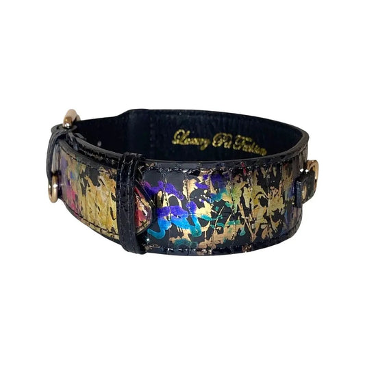 Art Deco snake collar in black leather with multicolor metallic splatter and gold hardware by Allysa Payne