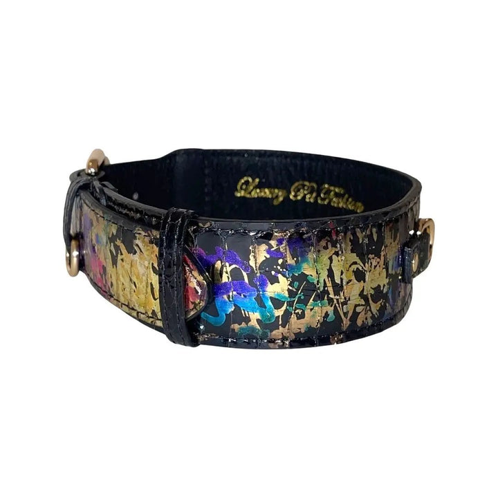 Art Deco snake collar in black leather with multicolor metallic splatter and gold hardware by Allysa Payne