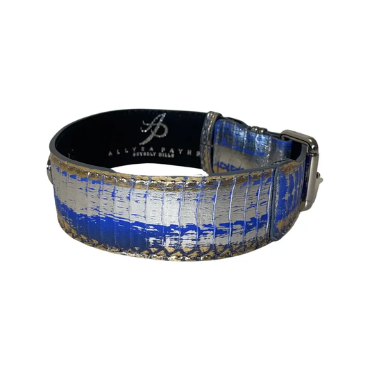 Snake collar by Allysa Payne Beverly Hills in blue, silver and gold with silver hardware