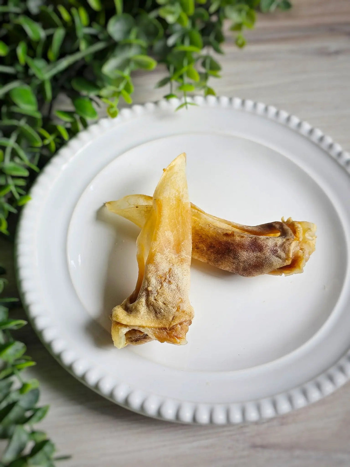 Lamb ears by Naked Beasts, furry and non-fur varieties, two dried ears on a white plate.