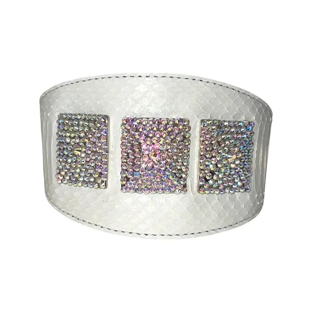 Mikayoga Matte White Snake Collar With 3 Swarovski Rivets by Allysa Payne Beverly Hills