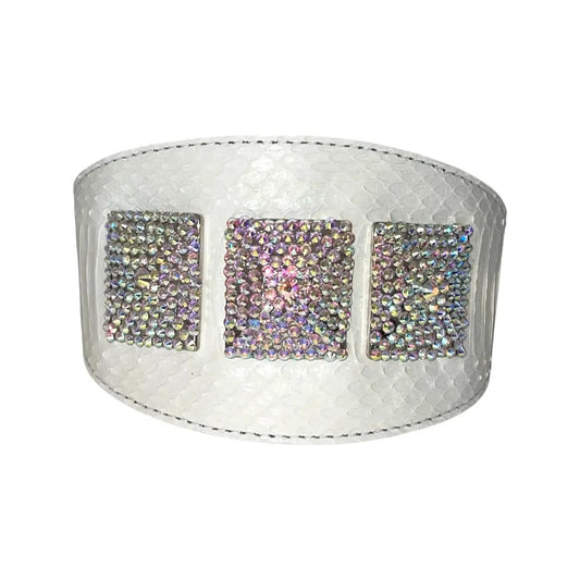 Matte white snake-skin collar with three Swarovski crystal rivet panels.