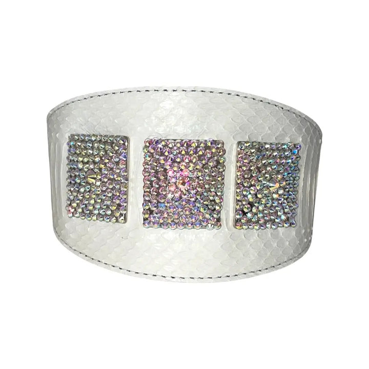 Matte white snake-skin collar with three Swarovski crystal rivet panels.
