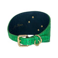 Load image into Gallery viewer, Emerald green snake-skin collar with gold buckle and ring, blue interior lining, Allysa Payne Beverly Hills branding.
