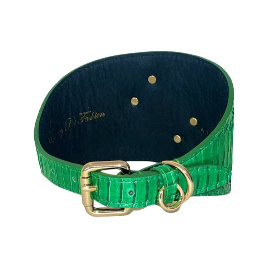 Emerald green snake-skin collar with gold buckle and ring, blue interior lining, Allysa Payne Beverly Hills branding.