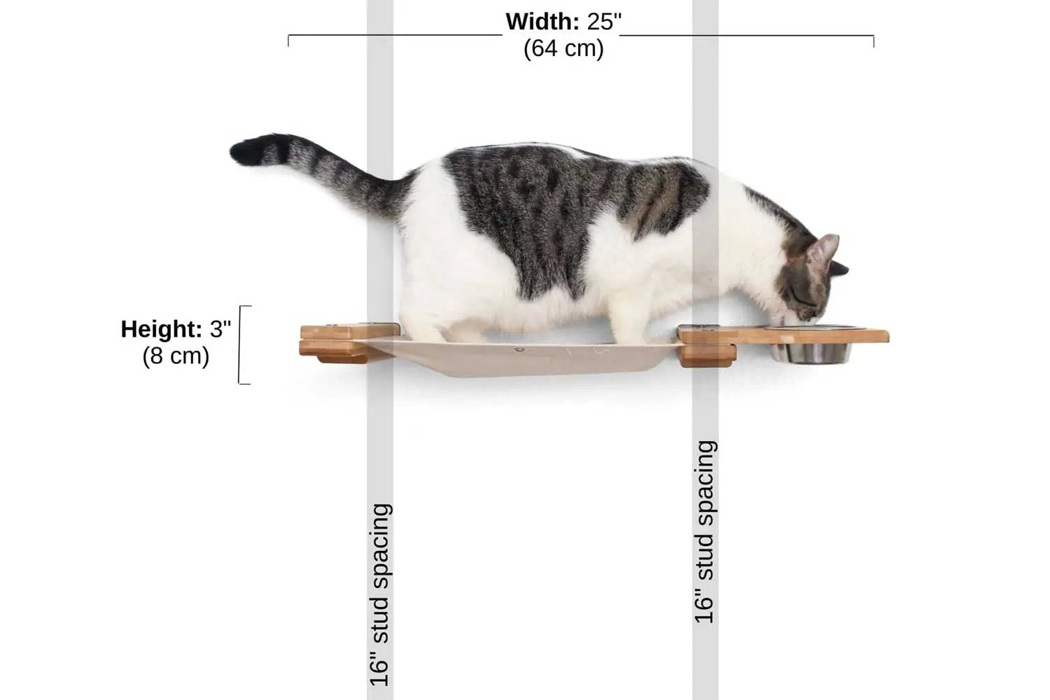 Cat Hammock by Catastrophic Creations; wall-mounted raised cat furniture with a dog-proof feeder dish.
