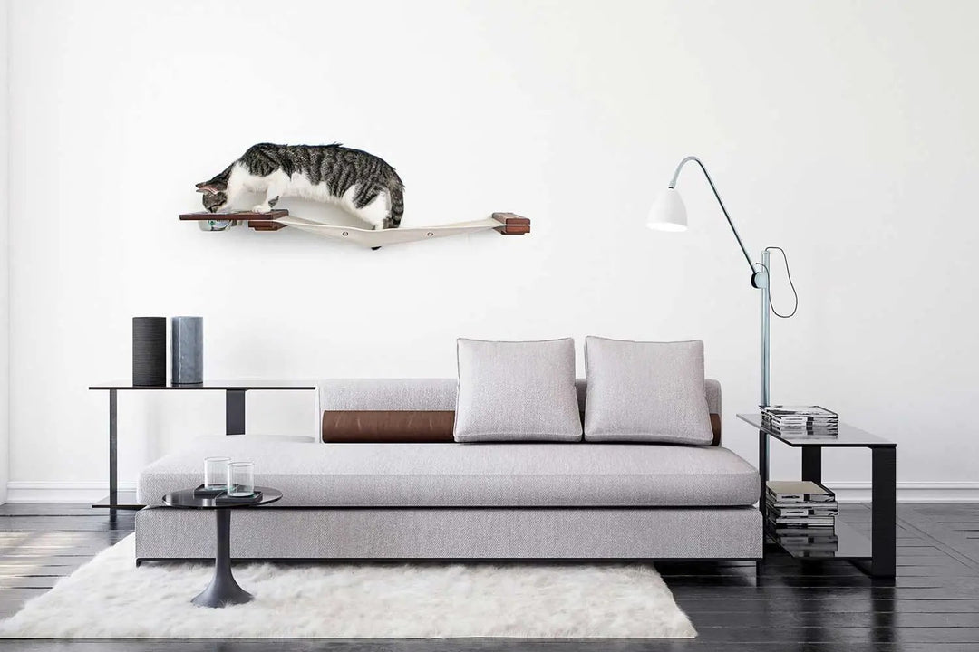 Cat hammock wall-mounted raised cat furniture in beige fabric with wood ends