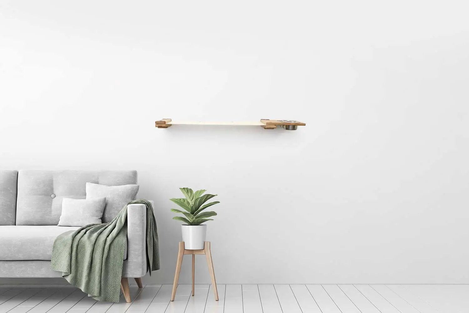 Dog Proof Cat Feeder wall-mounted raised by Catastrophic Creations with a wooden shelf and metal bowl.