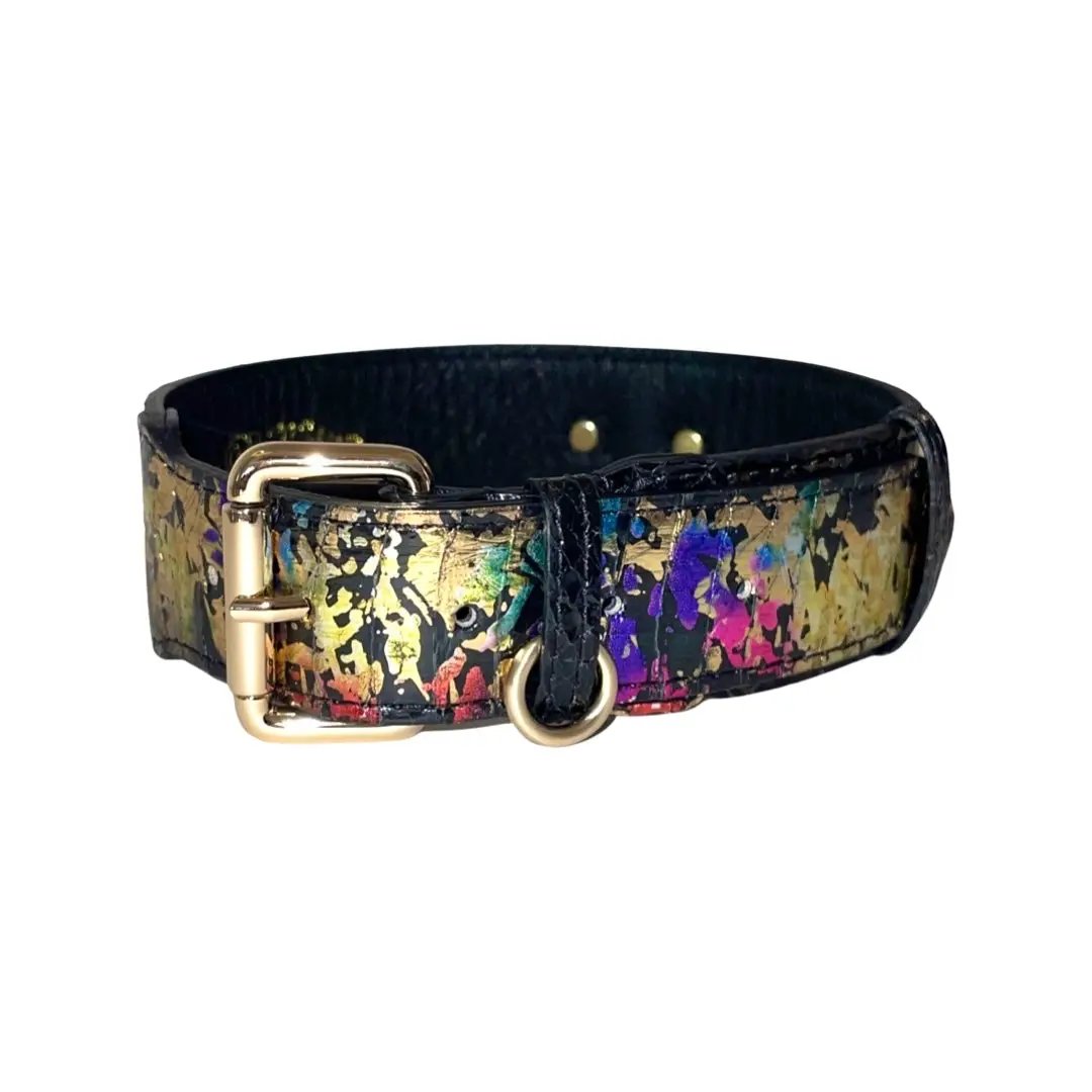 Stunning one-of-a-kind Art Deco snake collar with gold hardware; black strap with multicolor paint-splatter pattern