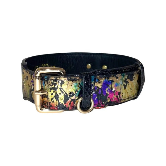 Stunning one-of-a-kind Art Deco snake collar with gold hardware; black strap with multicolor paint-splatter pattern