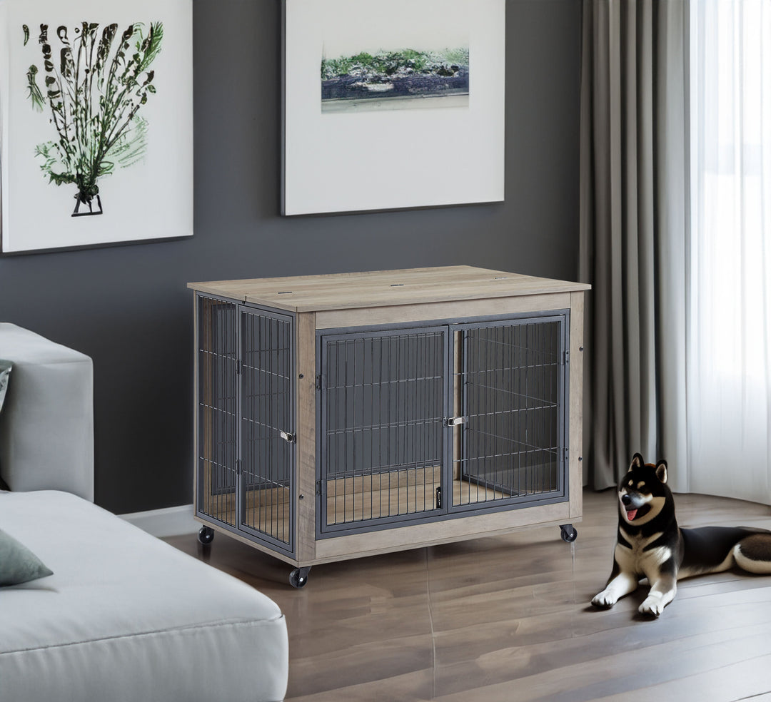 Rolling Wooden Dog Crate Table with Lift Top – Grey