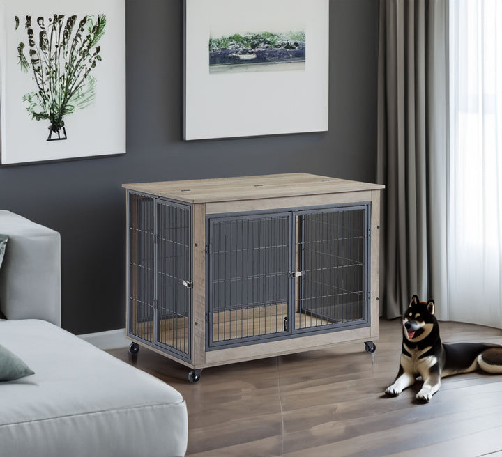Rolling Wooden Dog Crate Table with Lift Top – Grey